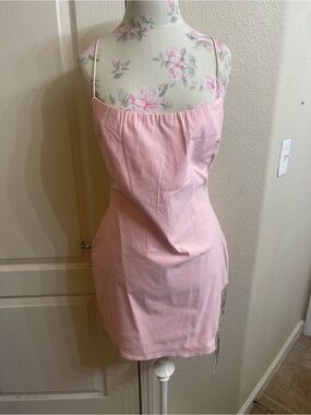 Fashion Nova Light Pink Satin Slip Dress with Chain Accent